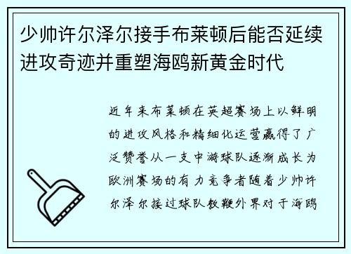 少帅许尔泽尔接手布莱顿后能否延续进攻奇迹并重塑海鸥新黄金时代 少帅许尔泽尔接手布莱顿后能否延续进攻奇迹并重塑海鸥新黄金时代